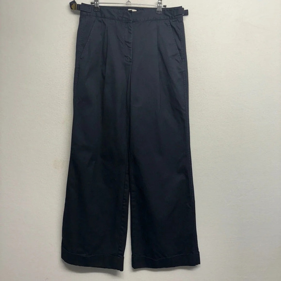 LL Bean wide leg cotton navy blue trouser pants side buckle cinch 8 - Picture 1 of 8